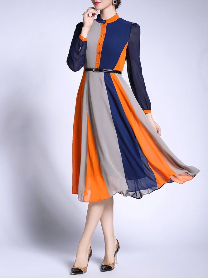 Blue Stand Collar Elegant Midi Dress stylewe